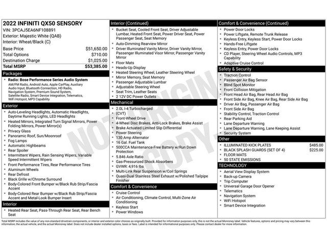 2022 INFINITI QX50 SENSORY FWD